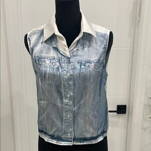 Zara Blue and White Sleeveless Denim Blouse